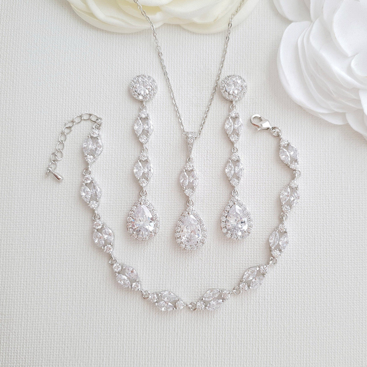 Long Earrings Drop Necklace & Bracelet Bridal Jewelry Set- Hayley