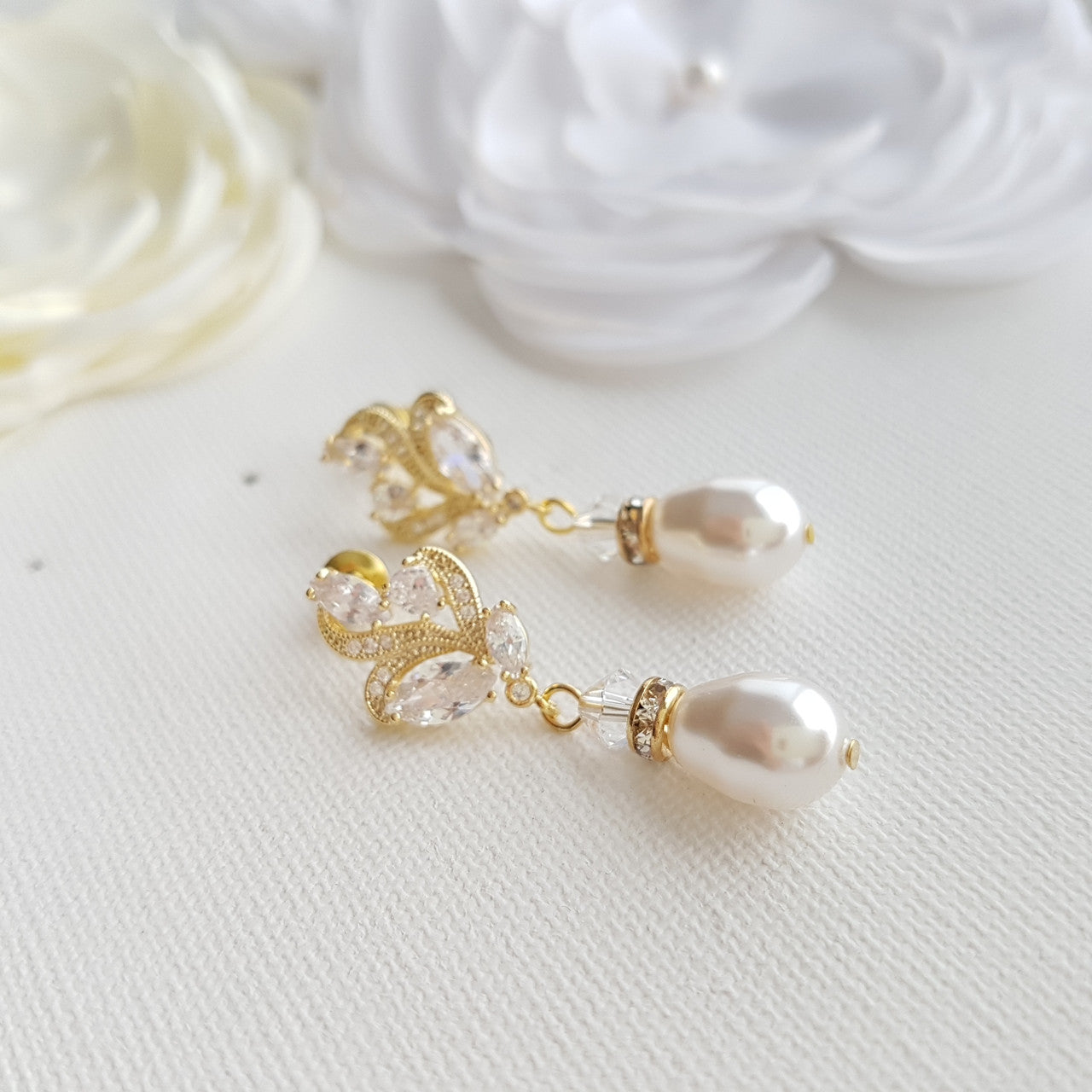 Silver Bridal Earrings With Pearl Drops-Wavy