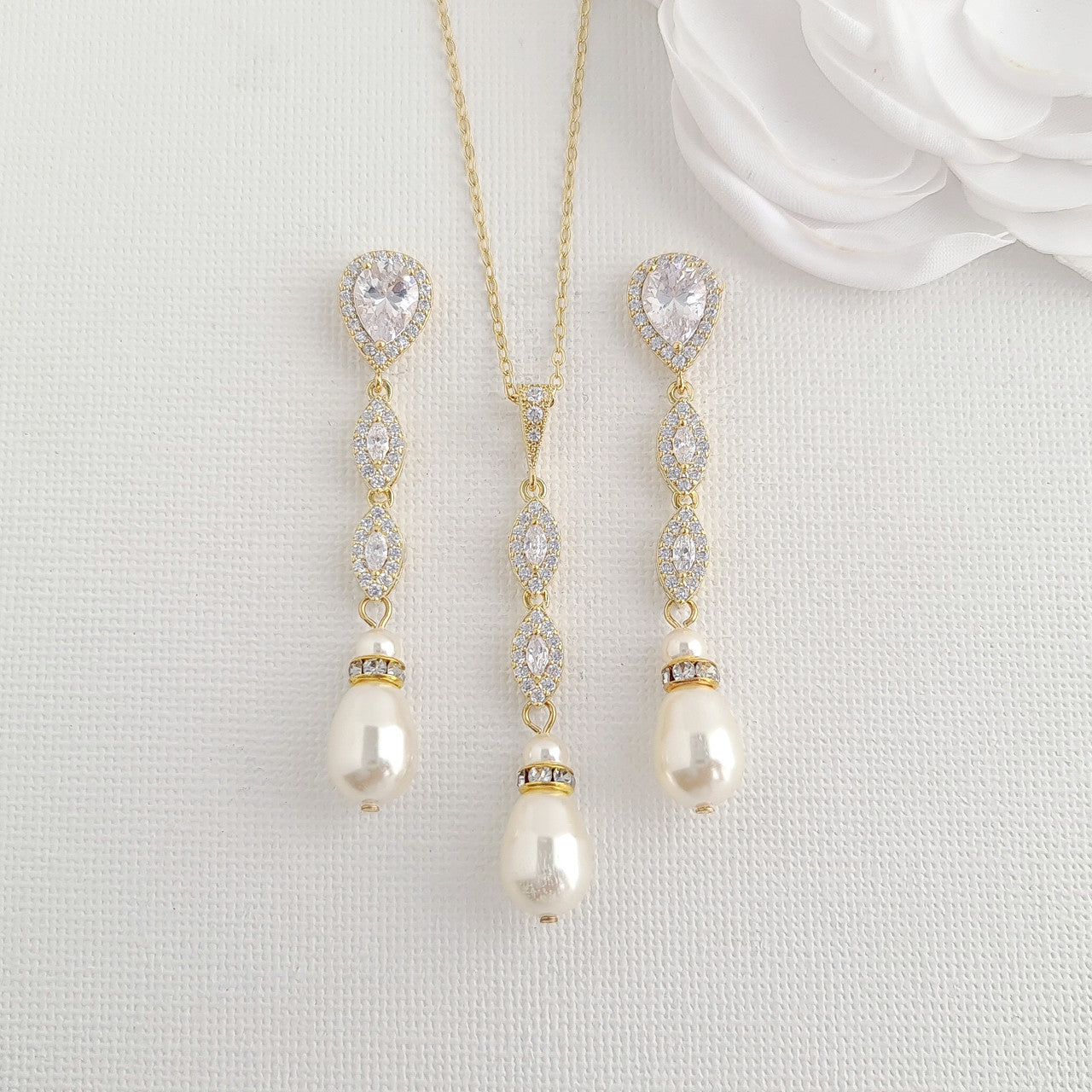 Pearl Wedding Jewellery Set in Rose Gold-Abby