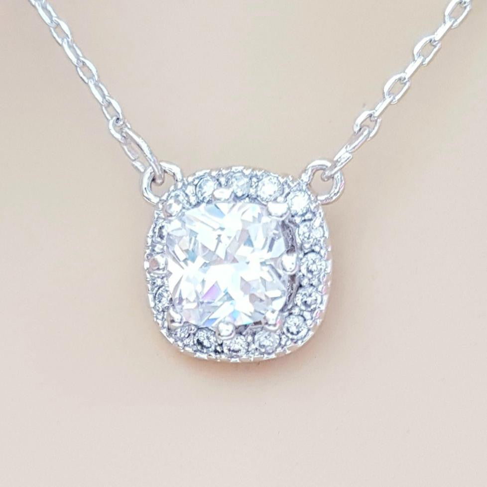 Silver Square Cubic Zirconia Pendant-Azure Clear