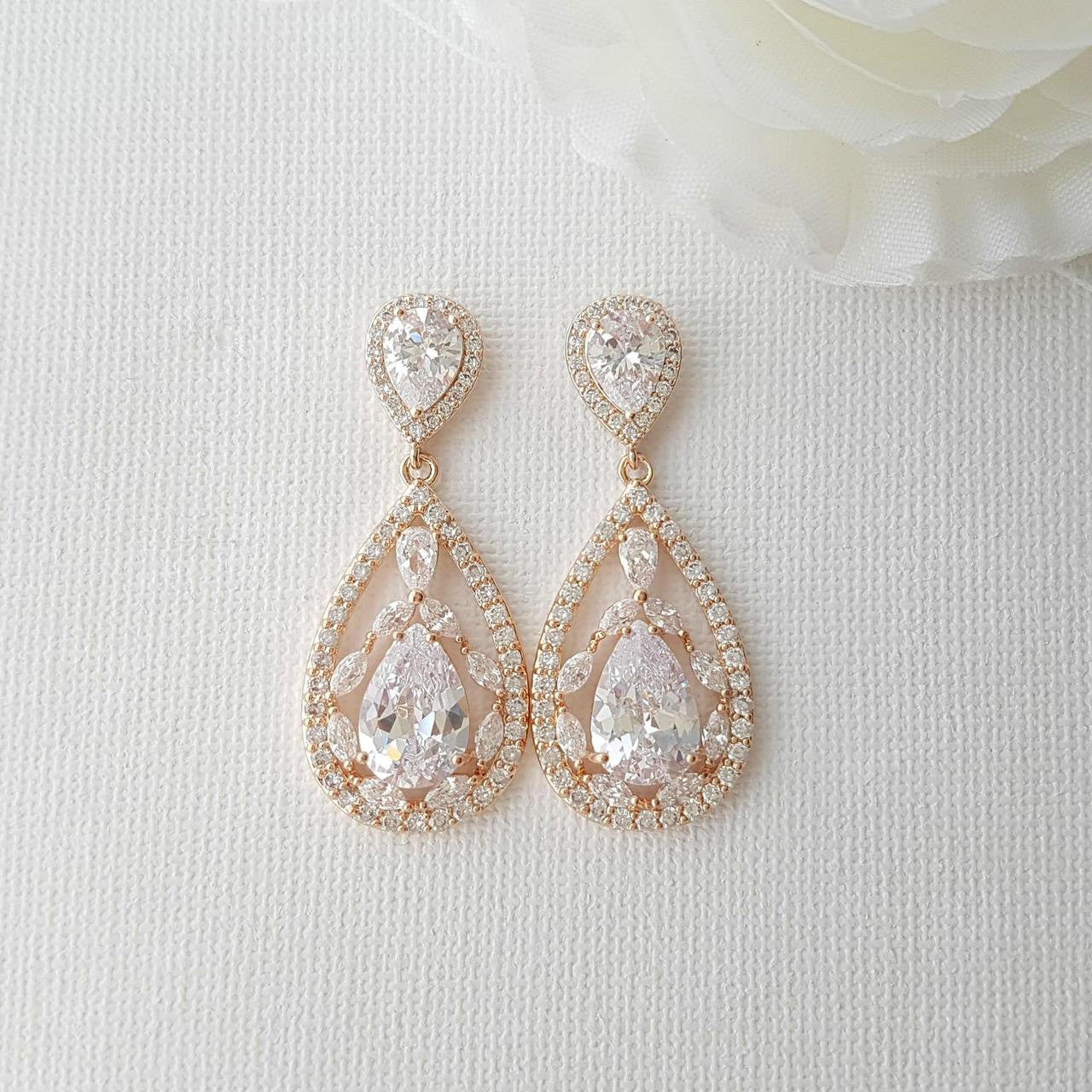Wedding Rose Gold CLIP ON Earrings Crystal Bridal Earrings Gold Teardrop Earrings Wedding Earrings Non Pierced Ears Bridal Jewelry, Esther