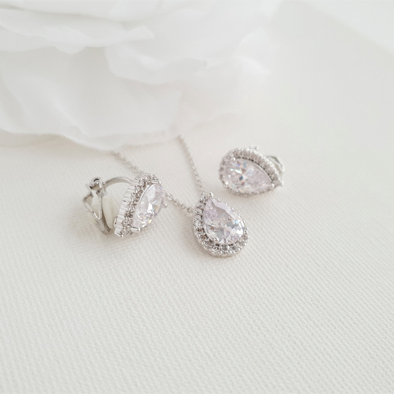 Bridesmaids Jewellery Set with Clip On Earrings Silver-Emma