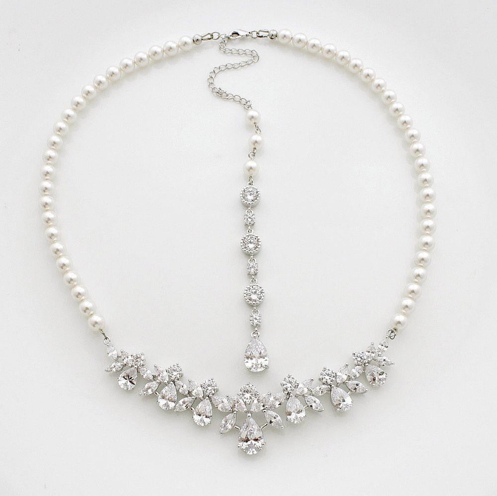 Back Bridal Necklace in Crystal and Pearl Backdrop for Wedding-Nicole