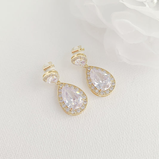 Teardrop Gold Clip On Wedding Earrings-Evelyn