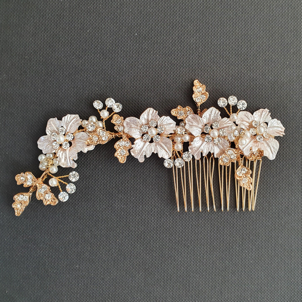 Rose Gold Hair Comb for Brides with Leaf and Flower-Gardenia