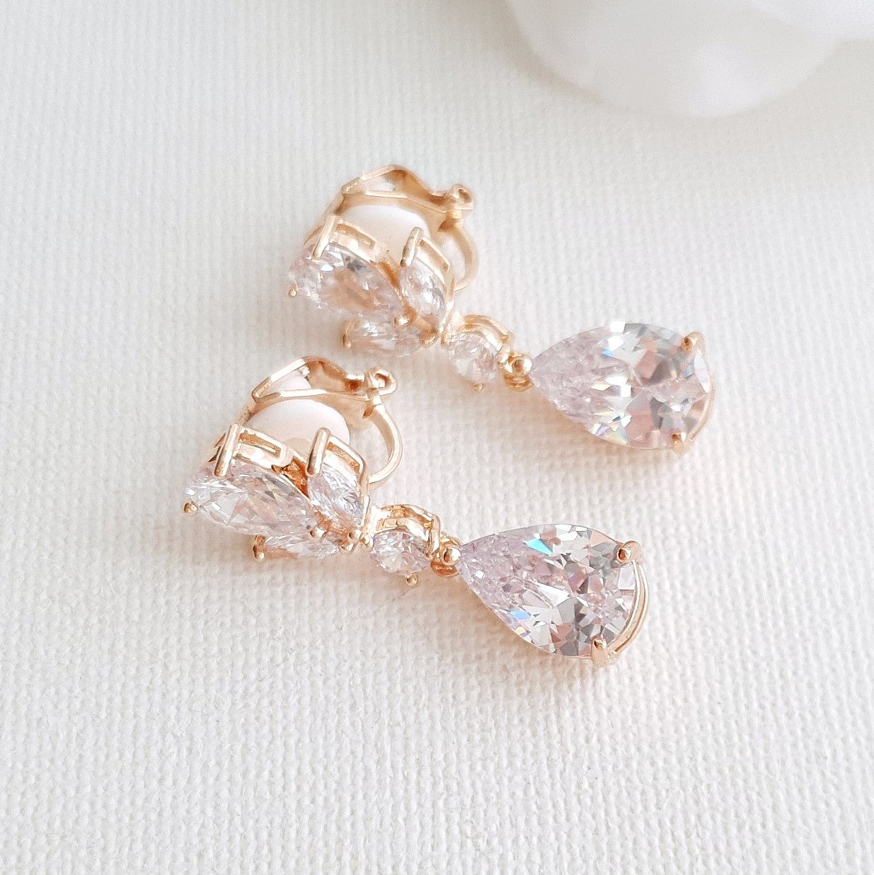 Clip On Drop Earrings in Rose Gold for Brides, Bridesmaids, Flower