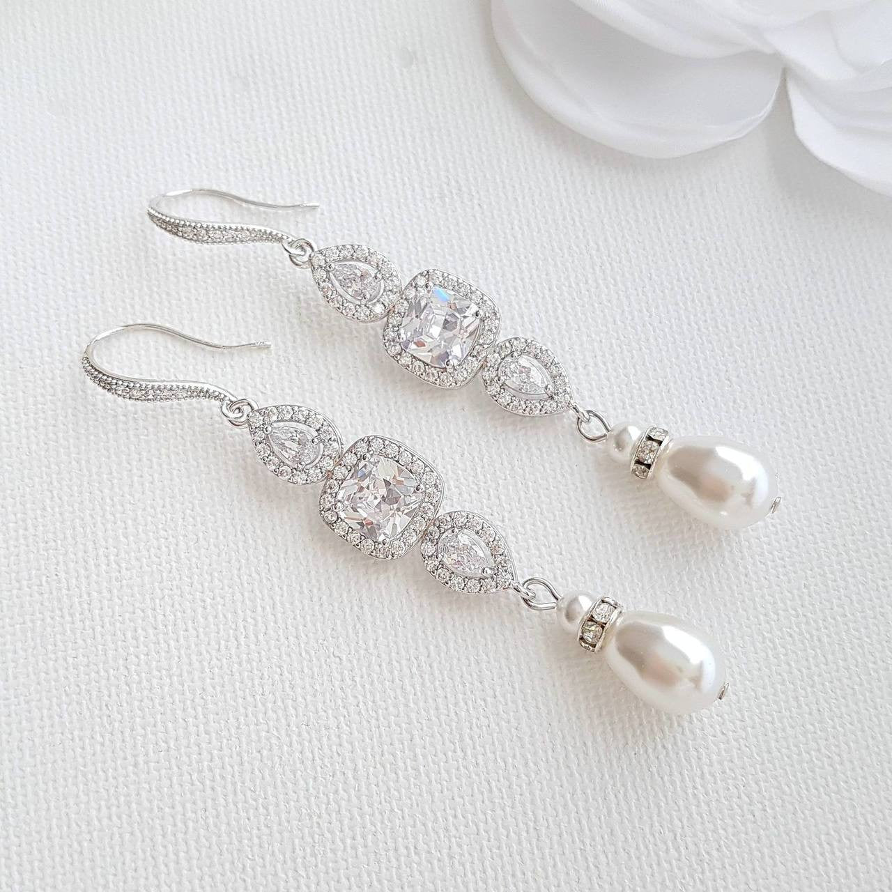 Pearl Drop Long Dangle Earrings for Weddings-Gianna