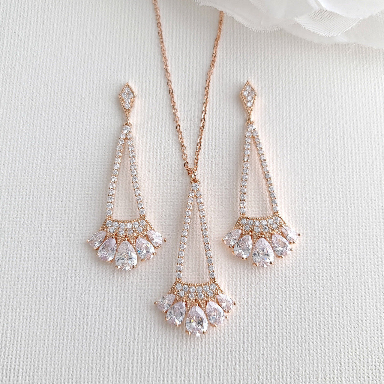 Wedding Pendant and Earrings Set in Rose Gold for Brides