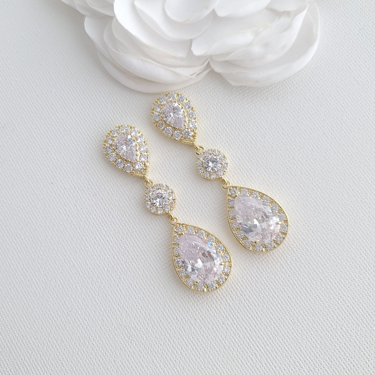 Drop Gold Earrings for Weddings with Teardrop Cubic Zirconia-Penelope