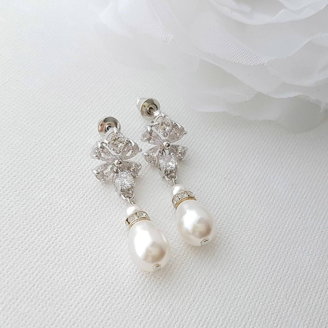 Pearl Drop Earrings for Weddings with Flower Ear Posts-Lila