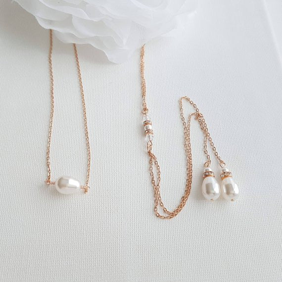 Simple Rose Gold Back Necklace with Pearl Drops- June