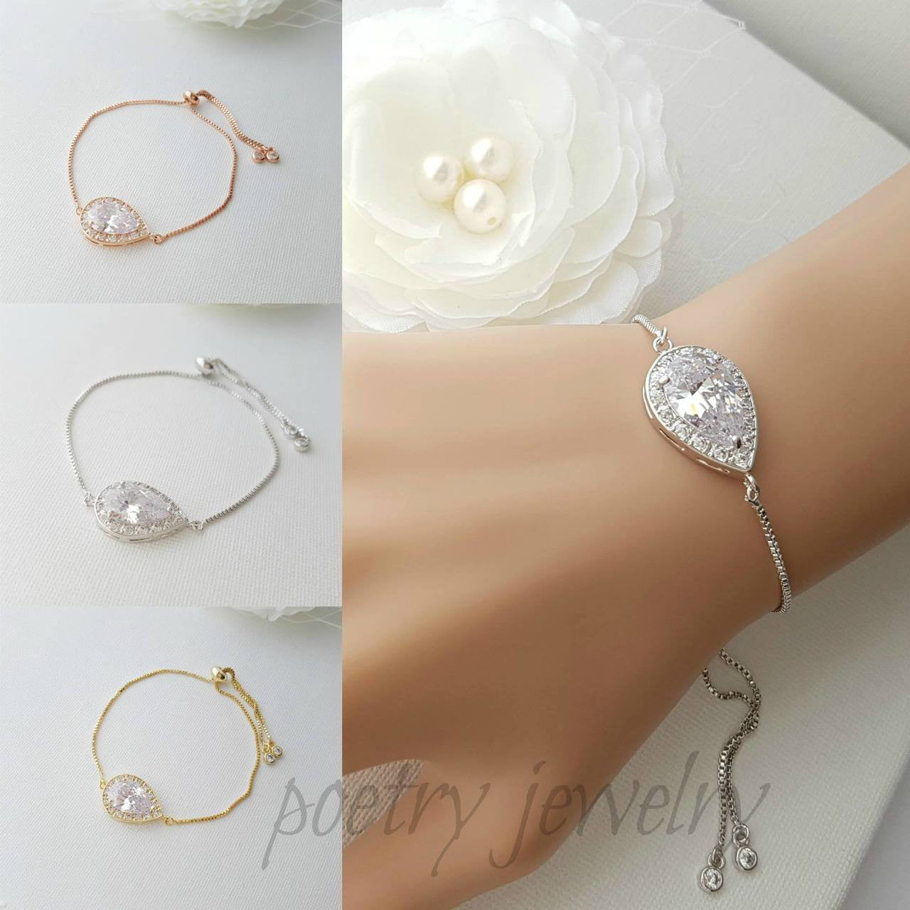 Simple Wedding Bracelet Gold, Gold Bridal Bracelet, Teardrop, Crystal Adjustable Bracelet, Gold Bridesmaid Bracelet, Wedding Jewelry, Evelyn