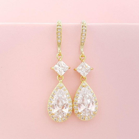 Gold Crystal Drop Bridal Earrings Gold Wedding Earrings Cubic Zirconia Gold Dangle Earrings, Lena Earrings