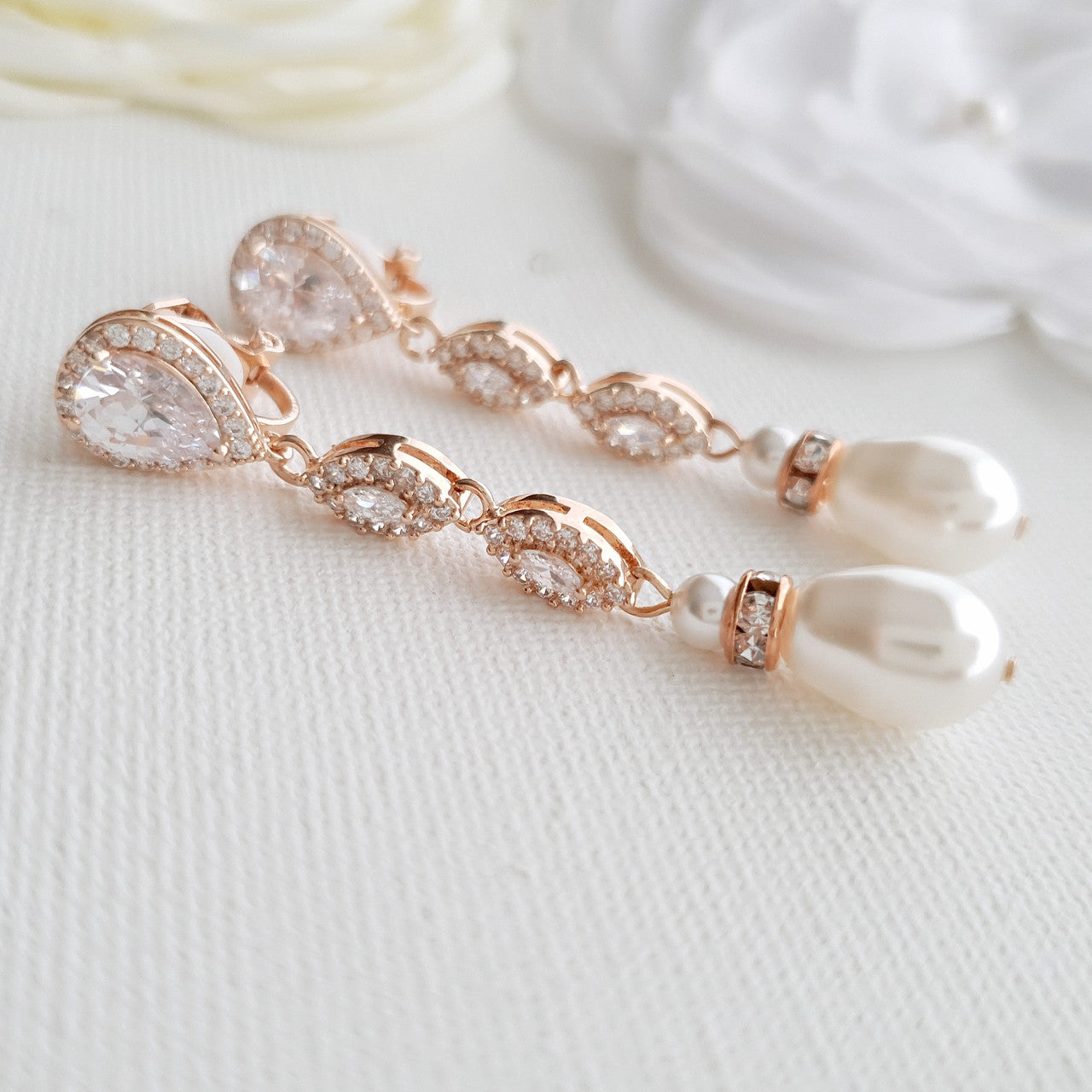 Gold Clip On Bridal Earrings-Abby