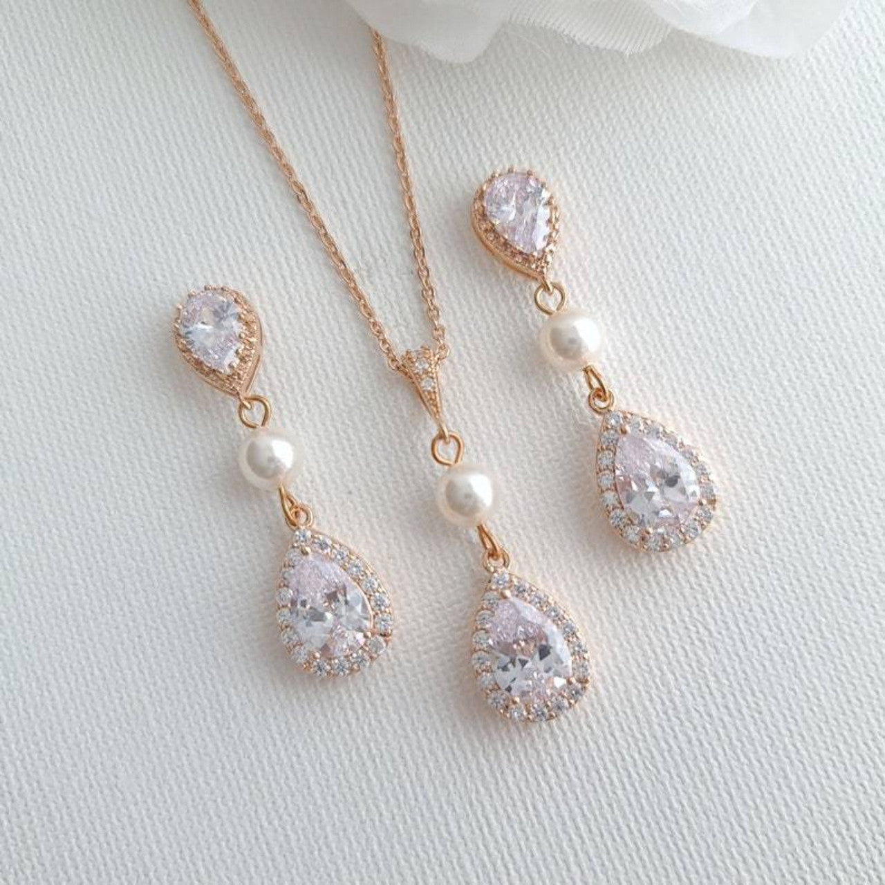 Drop Pearl and Crystal Earring and Necklace Set- Emma