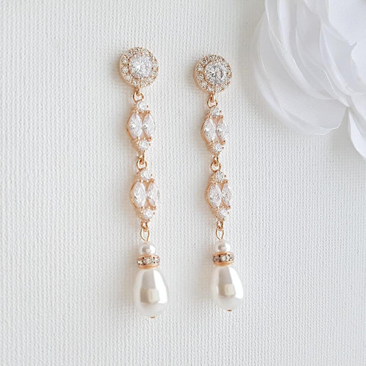 Long Rose Gold Pearl Drop Earrings- Hayley