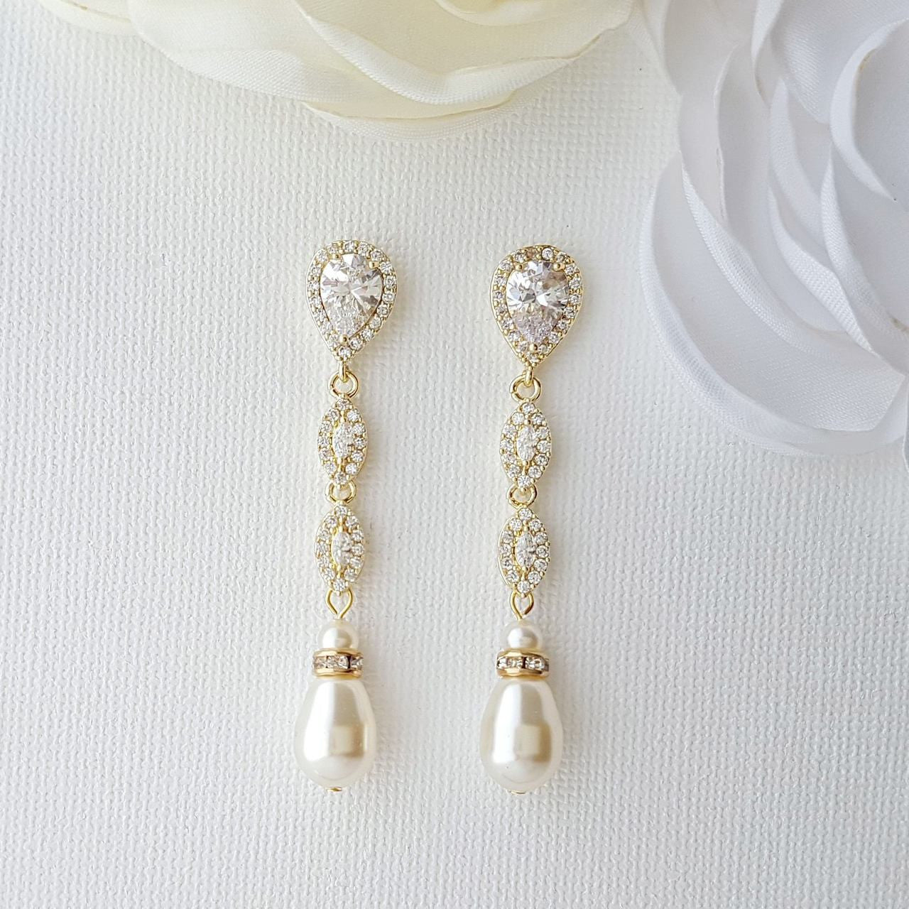 Gold Clip On Bridal Earrings-Abby