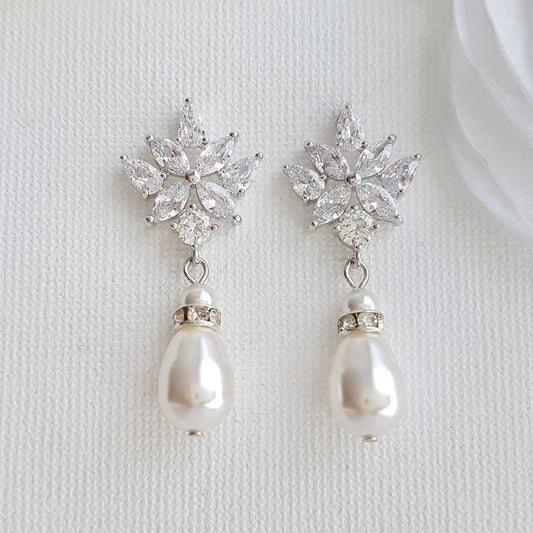 Crystal Bridal Earrings with Pearl Drop- Rosa