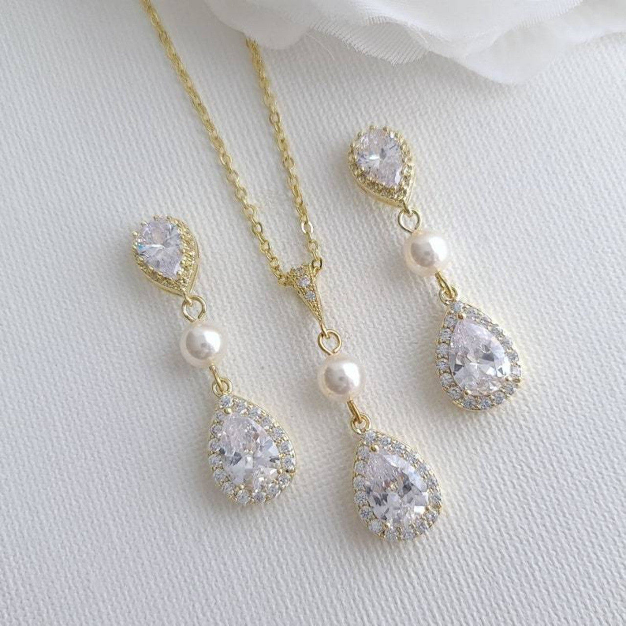 Drop Pearl and Crystal Earring and Necklace Set- Emma