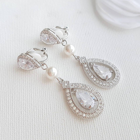 Crystal CLIP ON Wedding Earrings Bridal Earrings Cubic Zirconia  Pearl Rose Gold Halo Style Drop Earrings Bridal Jewelry, Sarah