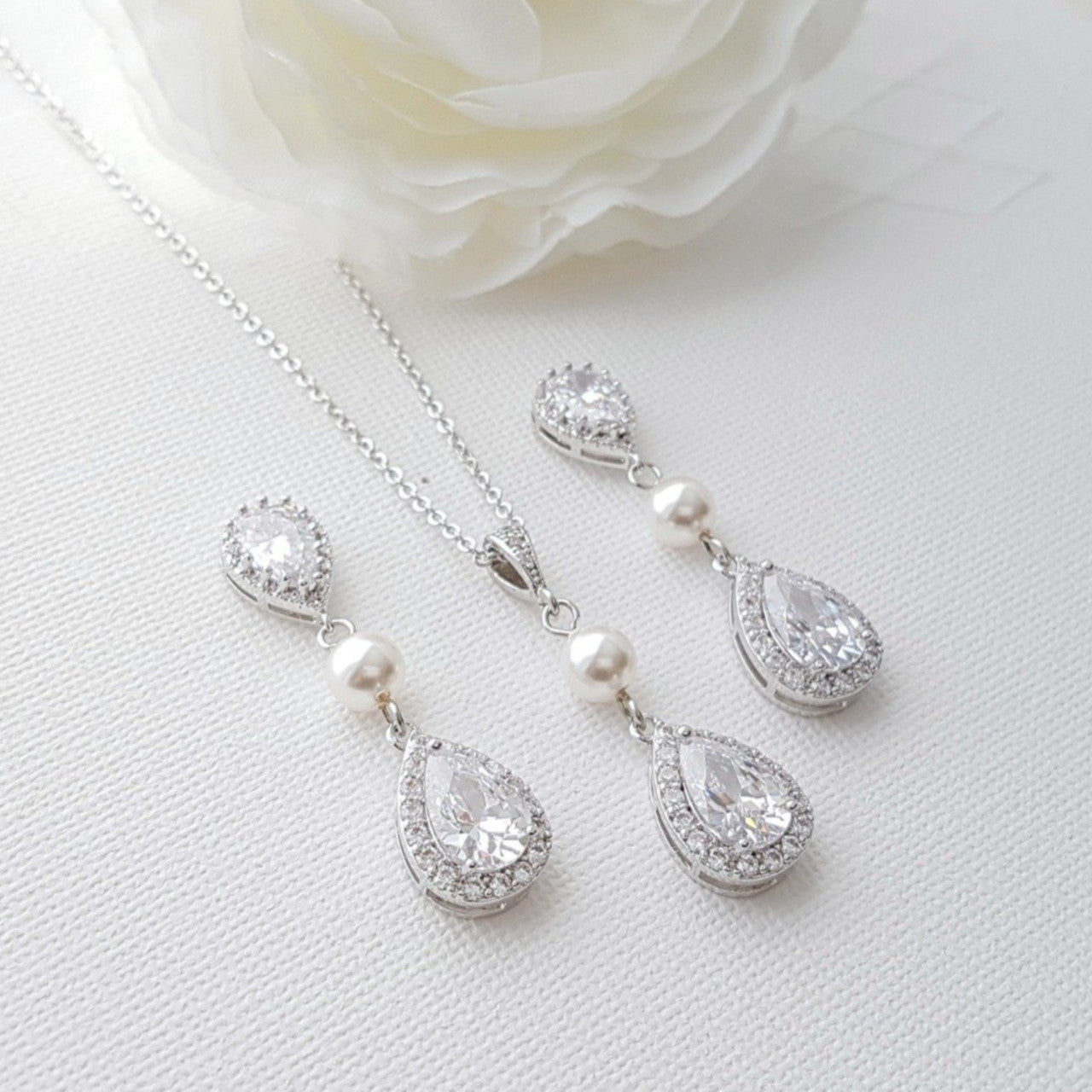 Drop Pearl and Crystal Earring and Necklace Set- Emma