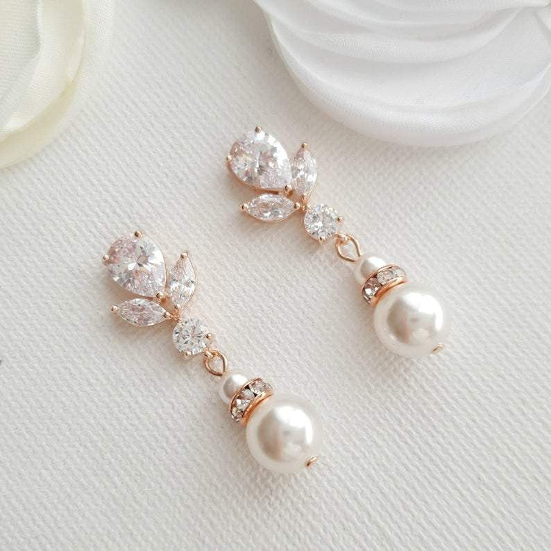 Bridal Earrings in Rose Gold and Pearl Drops-Nicole