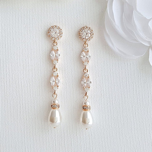 Long Rose Gold Pearl Drop Earrings- Hayley