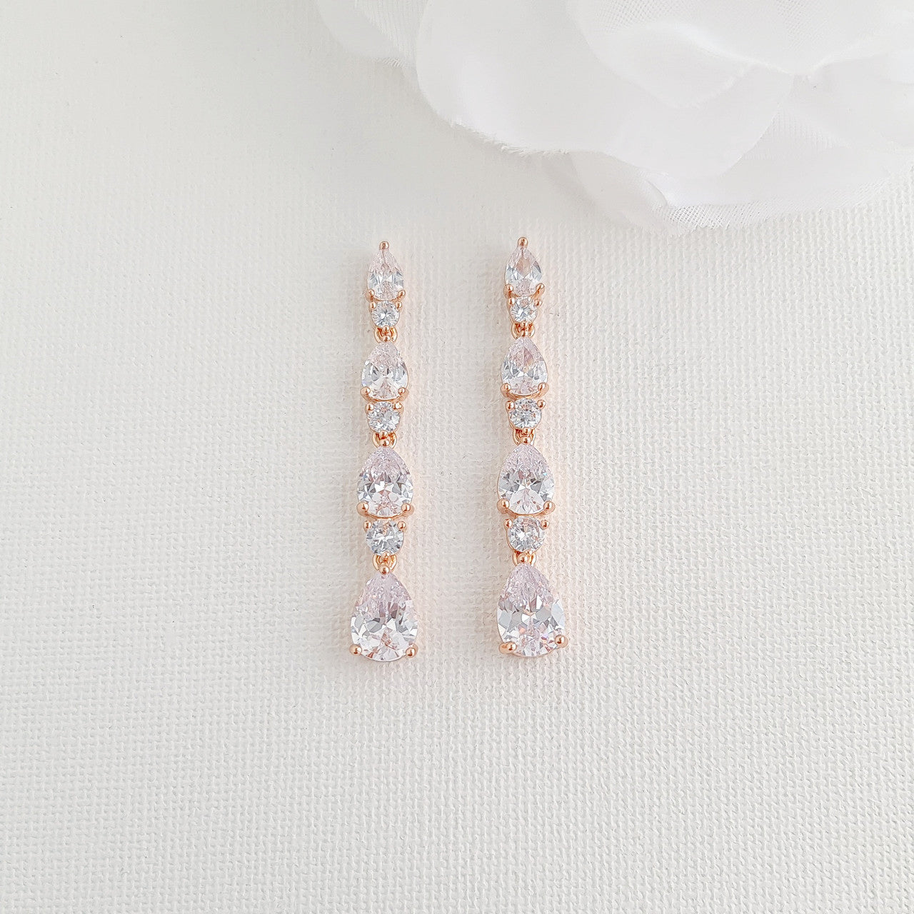 Bridal Drop Earrings in Rose Gold with Small CZ Teardrops-Hazel