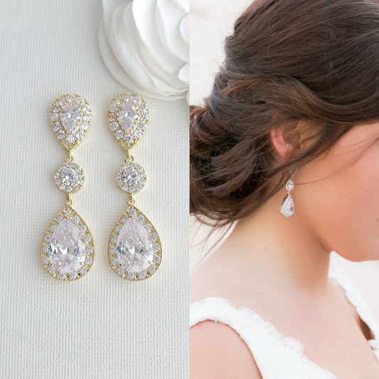 Drop Gold Earrings for Weddings with Teardrop Cubic Zirconia-Penelope