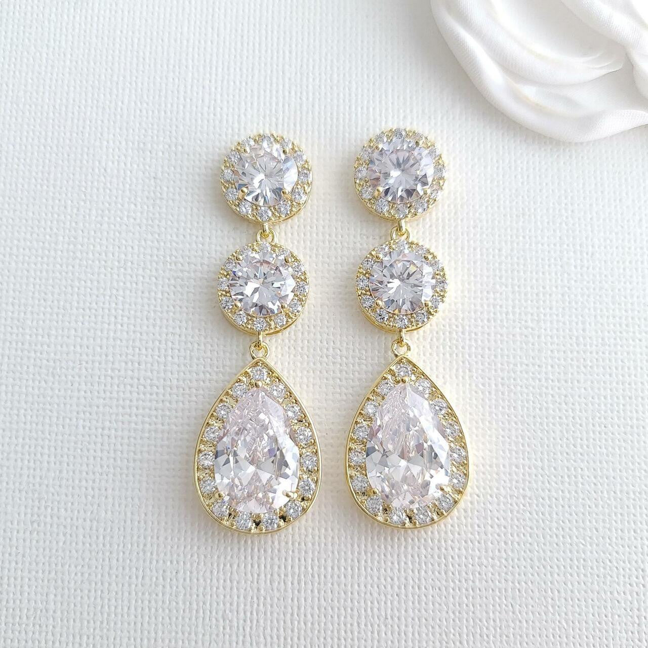 Cubic Zirconia Gold Earrings-Evita