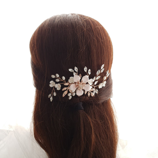 Jewelled Rose Gold Bridal Hair Comb with Pearl & Crystal Leaves-Freya