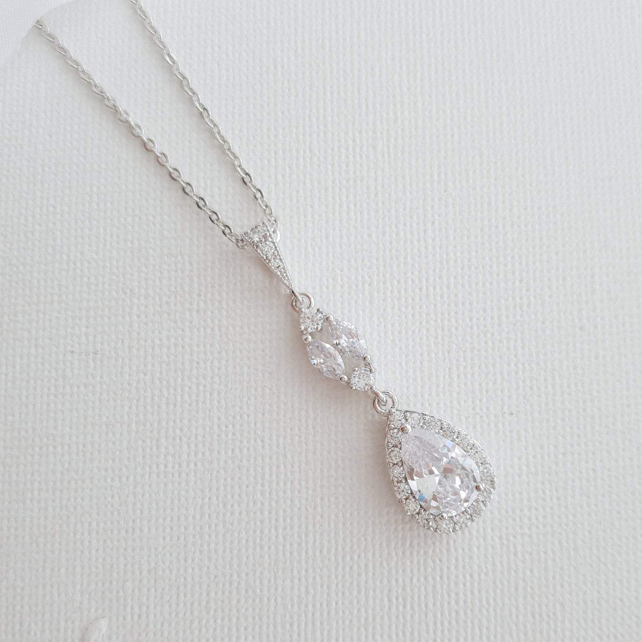 CZ Drop Pendant Necklace in Silver for Bridesmaids & Brides-Hayley