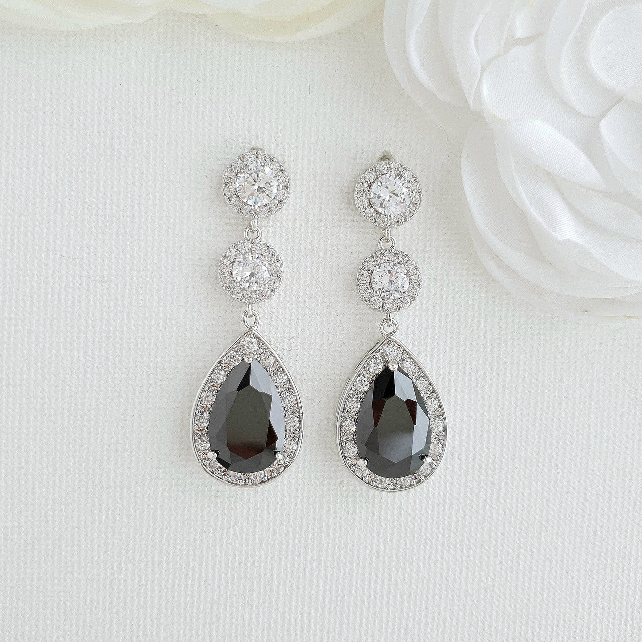 Long Black Drop Earrings| CZ Earrings for Weddings, Reception