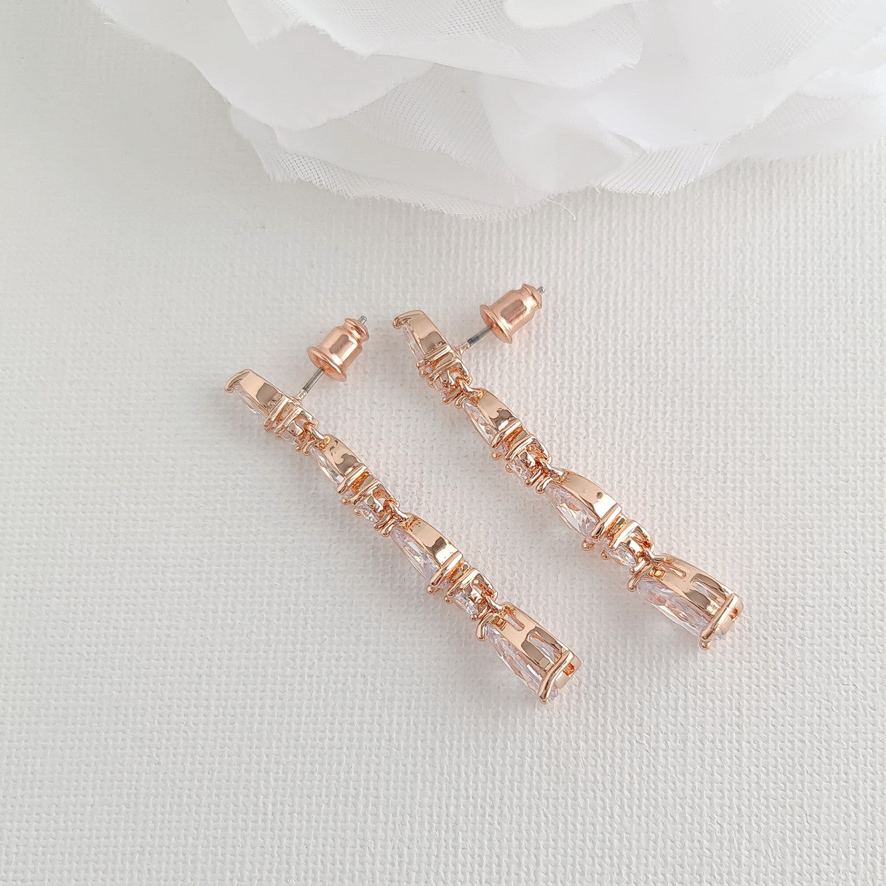 Bridal Drop Earrings in Rose Gold with Small CZ Teardrops-Hazel