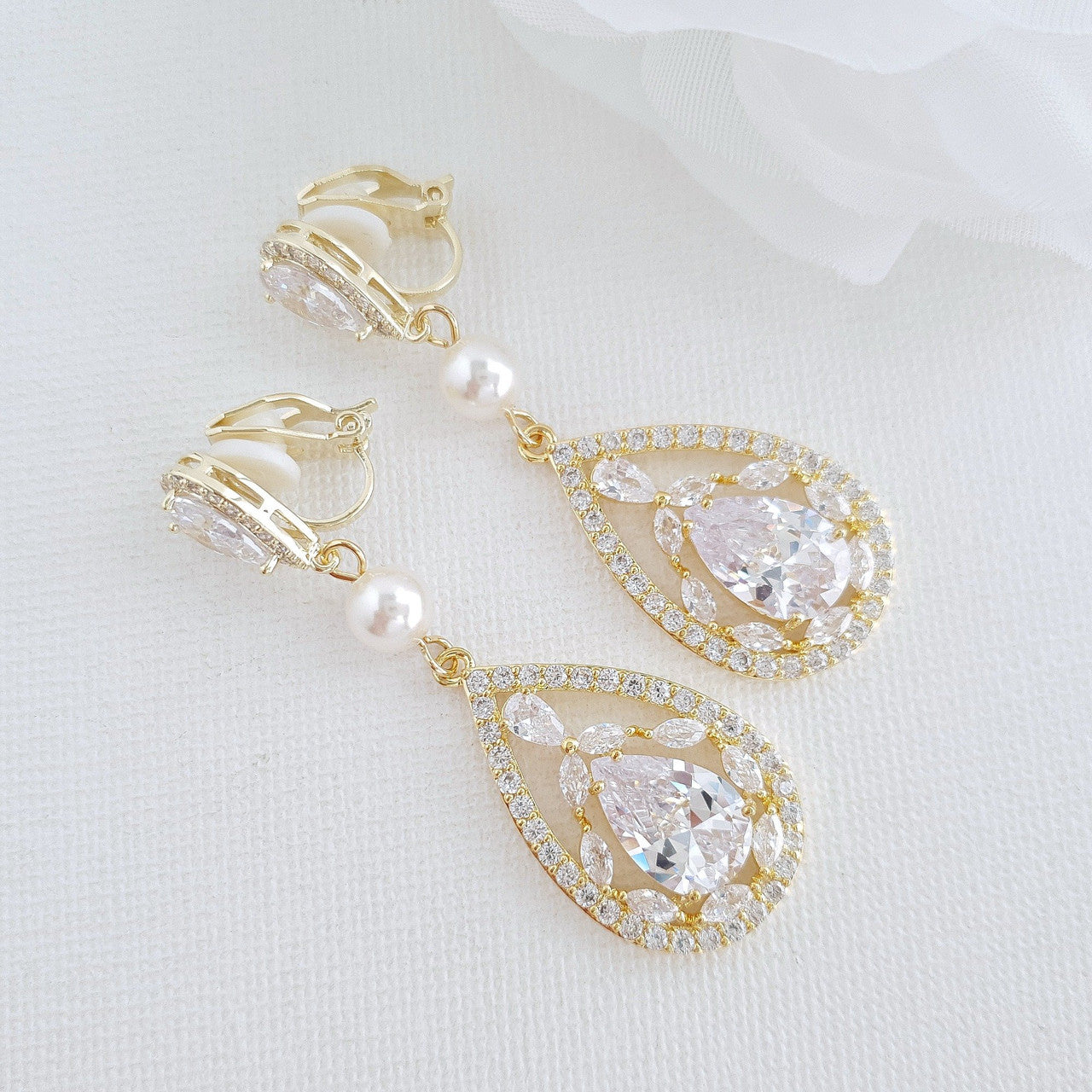 Long Rose Gold Clip On Earrings for Weddings with Pearls & Crystals-Esther