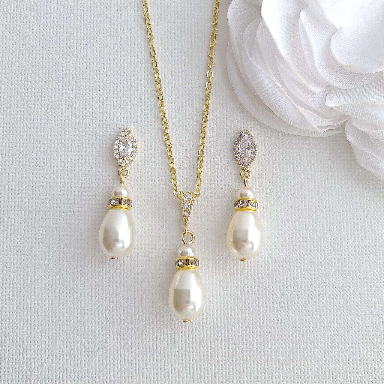 Simple Pearl Wedding Jewellery Set with Pearl Earring,Necklace,Bracelet for Brides-Ella