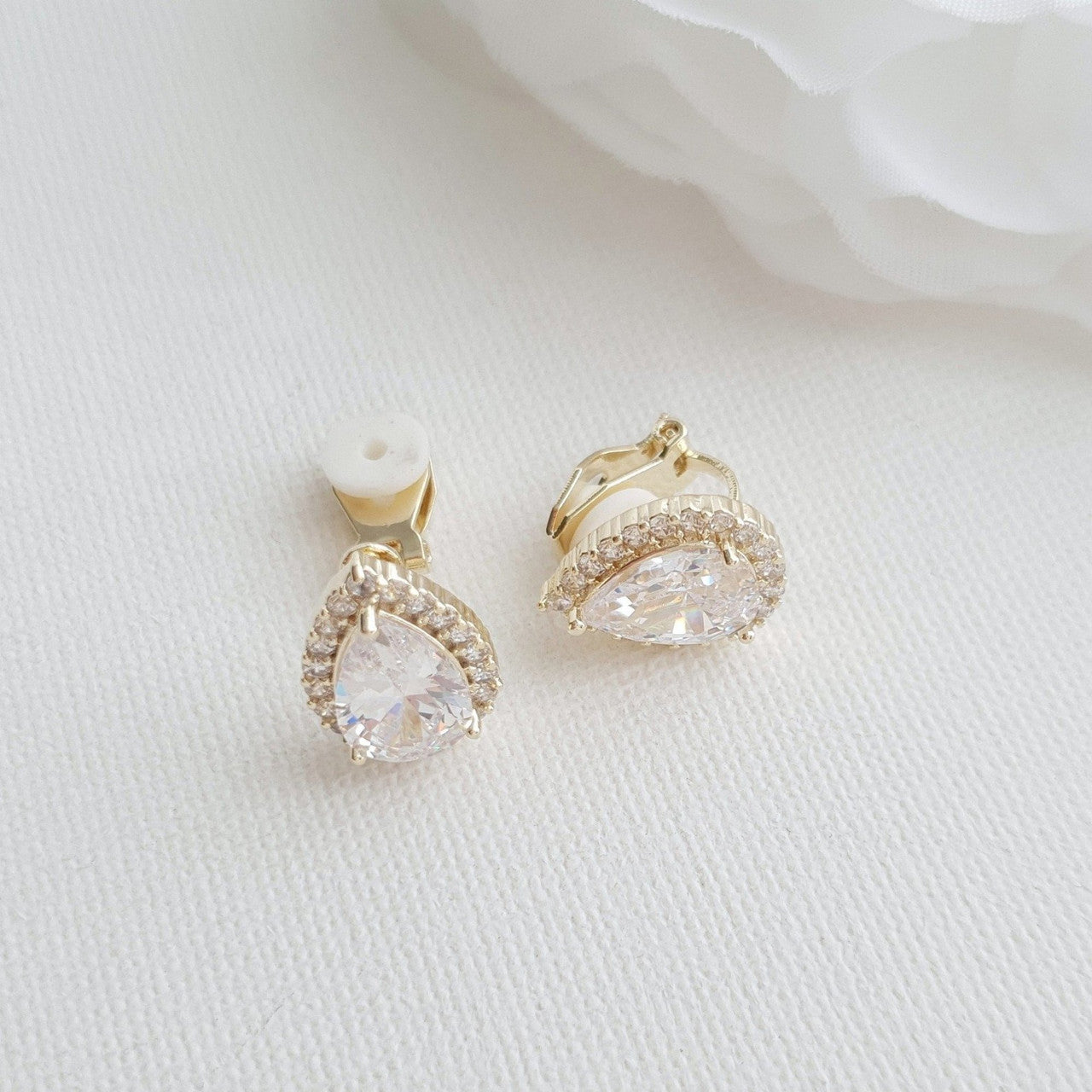 Gold Clip On Earrings in Teardrop CZ for Brides Bridesmaids-Emma