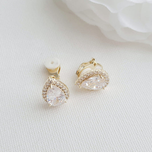 Gold Clip On Earrings in Teardrop CZ for Brides Bridesmaids-Emma