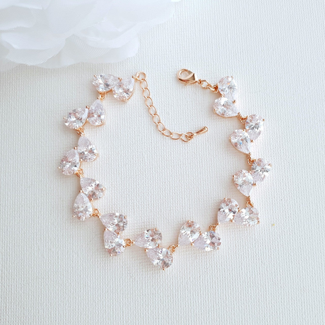 Rose Gold Bridal Bracelets in Sparkly Teardrop Crystals for Brides
