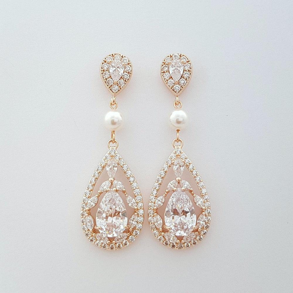 Rose Gold CZ Crystal Earrings for Weddings & Brides-Esther