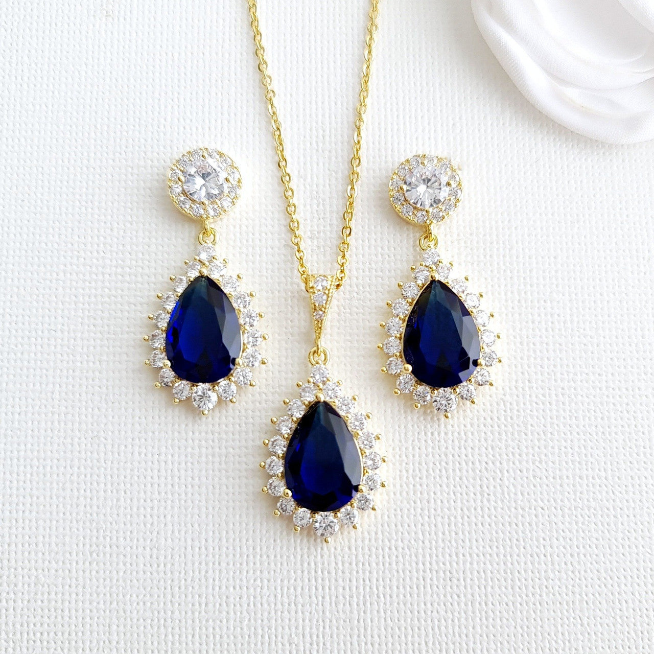 Sapphire Blue Stone Earrings Bracelet Necklace Set-Aoi