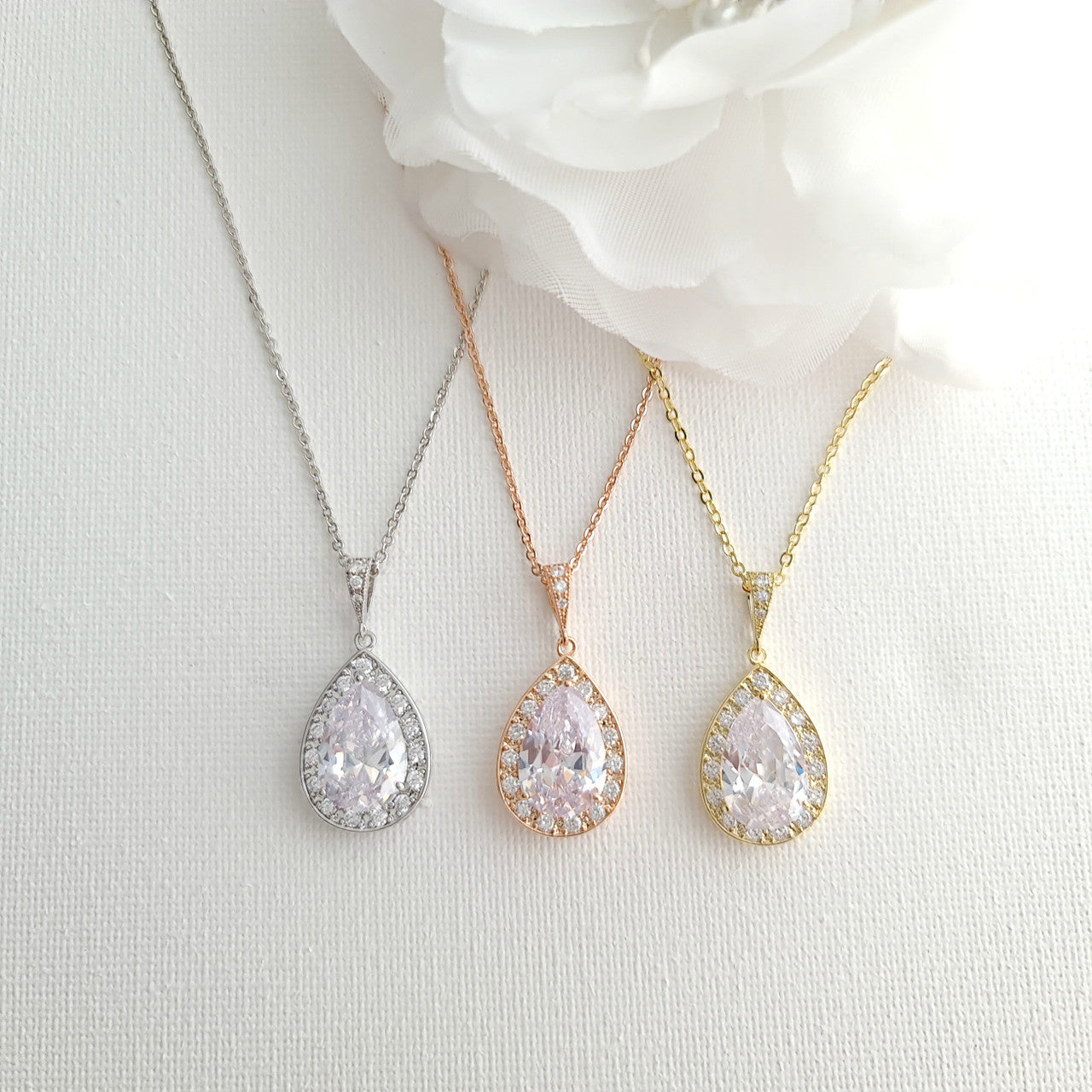 Teardrop Necklace in 14K Gold & Cubic Zirconia for Brides & Bridesmaids-Evelyn