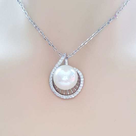 Large Pearl Pendant Silver Necklace-Jen