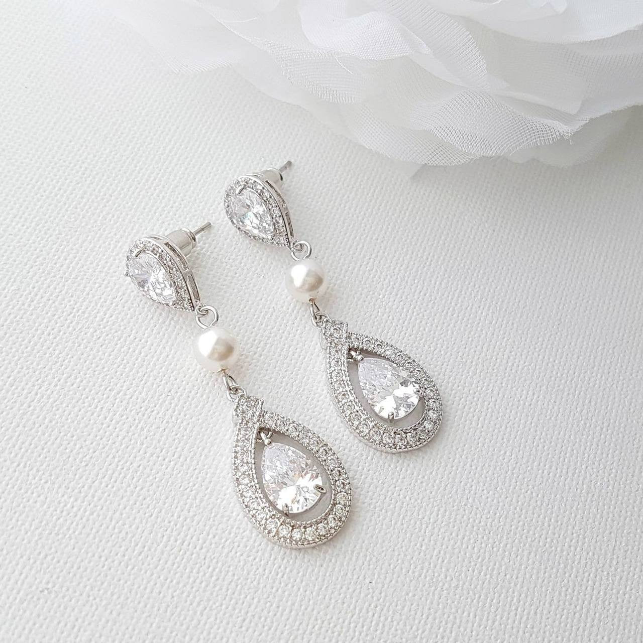 Crystal Wedding Earrings With CZ &  Pearl- Sarah