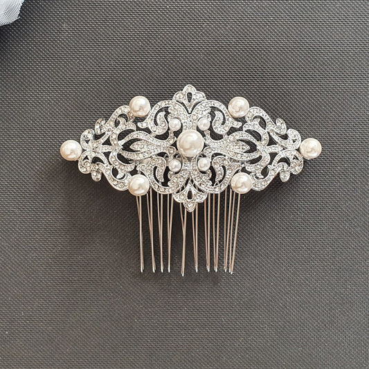 Ornate Vintage Pearl & Crystal Hair Comb for Brides - Esme