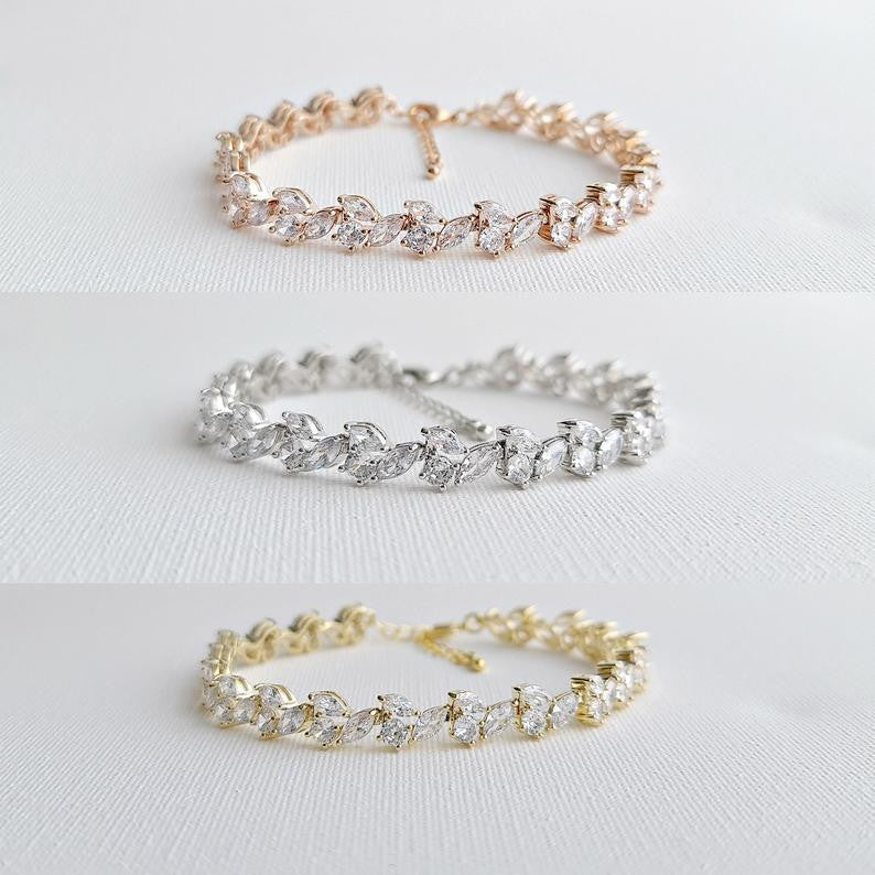 Bridal Tennis Bracelet With Gold Metal and Cubic Zirconia Leaf-Debra