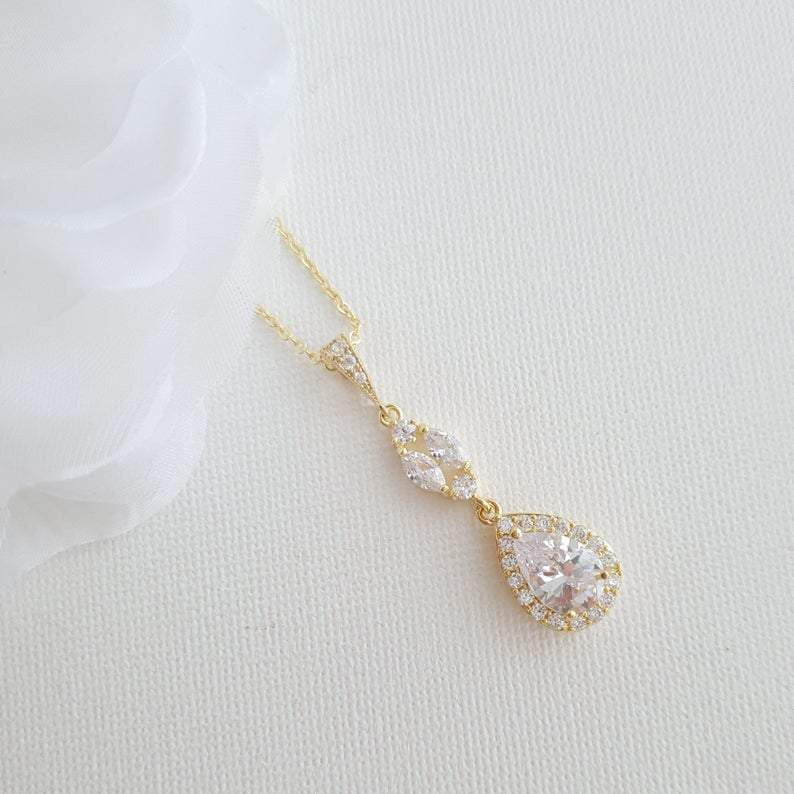 CZ Drop Pendant Necklace in Silver for Bridesmaids & Brides-Hayley