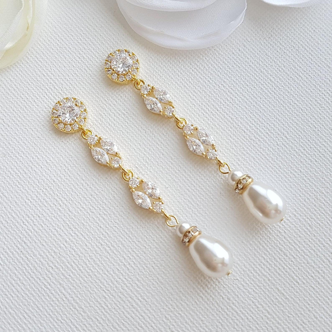 Gold Bridal Jewellery Set with Pearl Crystal Earrings Back Necklace Bracelet Set-Hayley