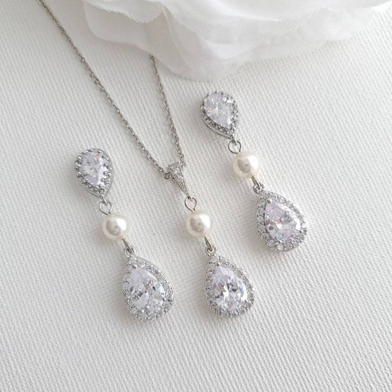 Drop Pearl and Crystal Earring and Necklace Set- Emma