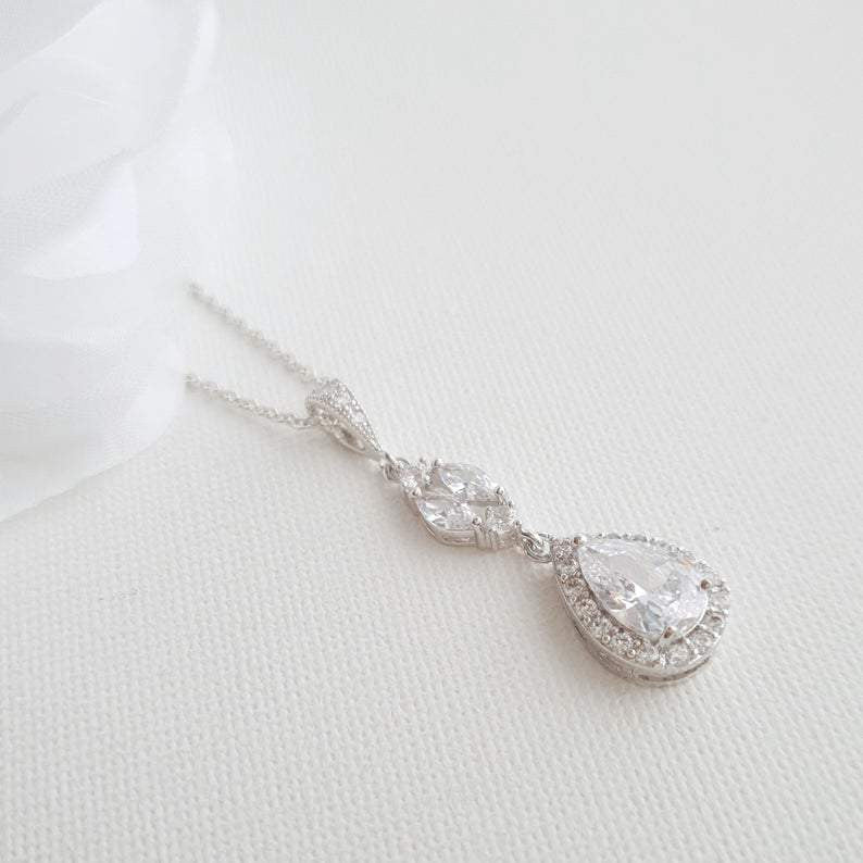 CZ Drop Pendant Necklace in Silver for Bridesmaids & Brides-Hayley